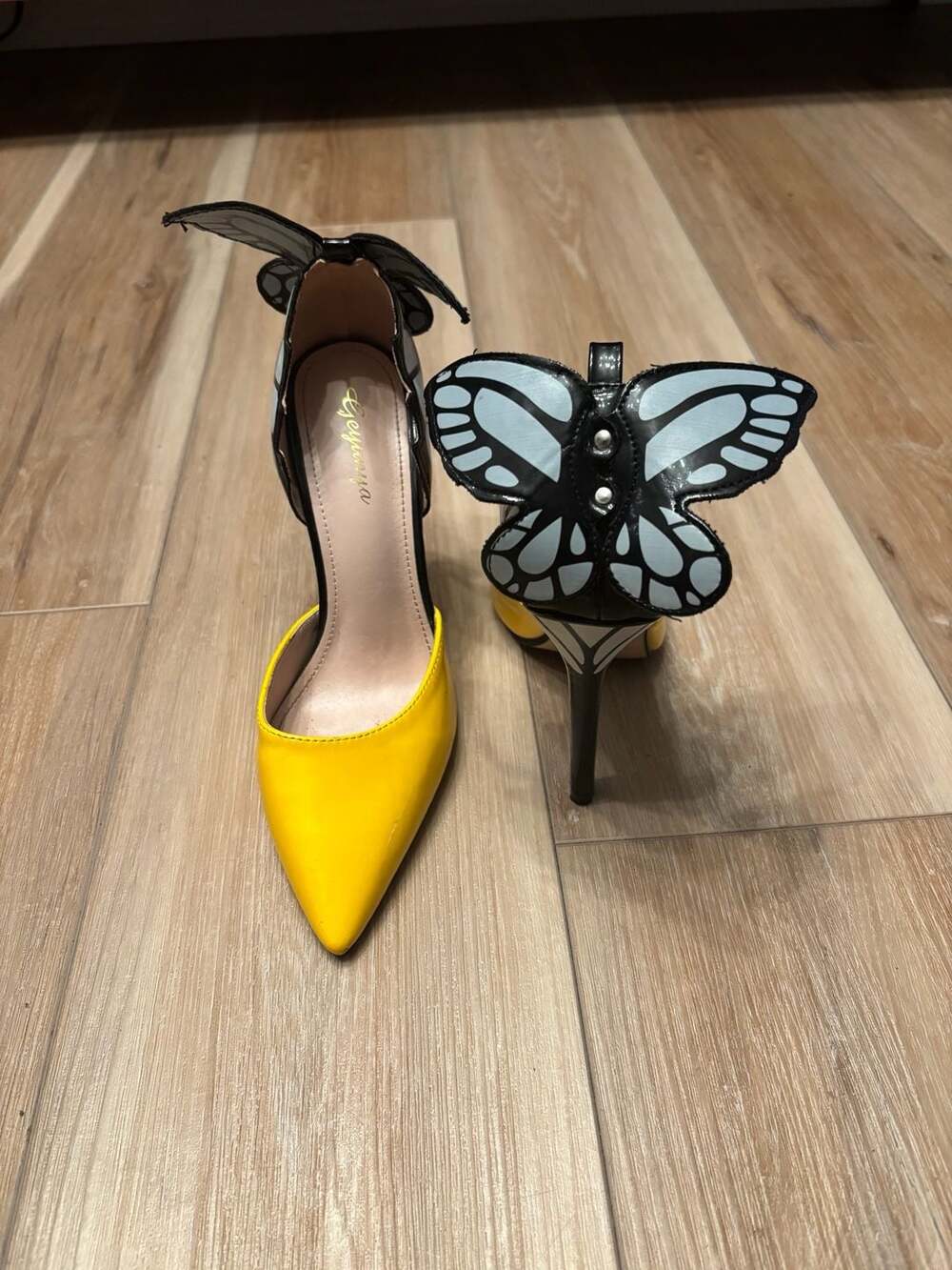 Geyunya Yellow Butterfly Wing Pointed Toe D'Orsay High Heel Pumps Size 37